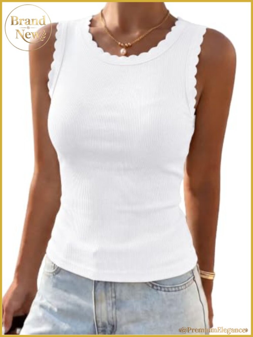 Fitted Ribbed Knit Tank Top Sleeveless Ruffle Neck Cute Summer